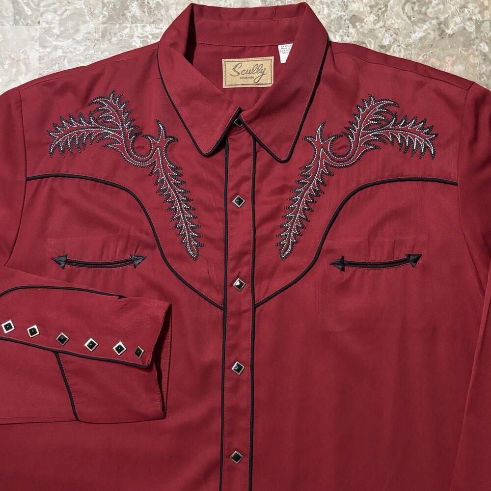 Scully Shirt Mens 2XL Red Diamond Pearl Snap Gaucho Smiley Rayon Blend Western